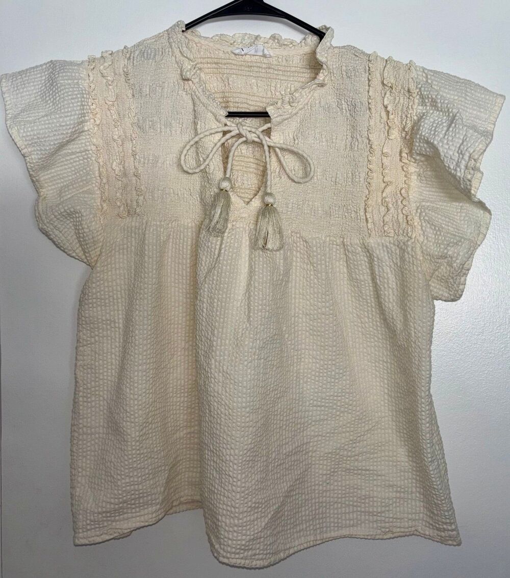 THML Anthro Butter Yellow Seersucker Smocked Tassel Flutter Sleeve Top M - Picture 2 of 6
